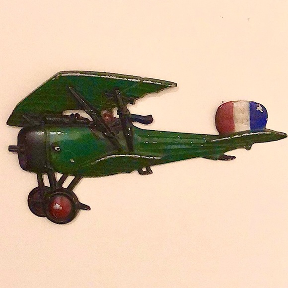 VINTAGE 1970’s Metal Airplane Wall Art Green Biplane with French Flag - Picture 7 of 15